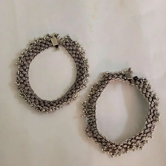 Ethnic Silver Girls Anklets, Tribal Silver Kuchi Pair Anklet, Handmade Jewelry